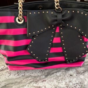 Betsey Johnson Bow Purse - Black and Pink Striped Women's Bag